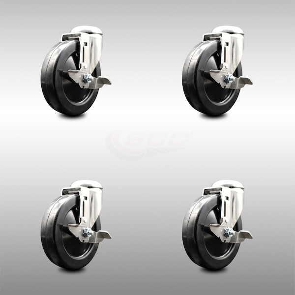 5 Inch 316SS Hard Rubber Wheel Swivel Bolt Hole Caster Set with Brake SCC